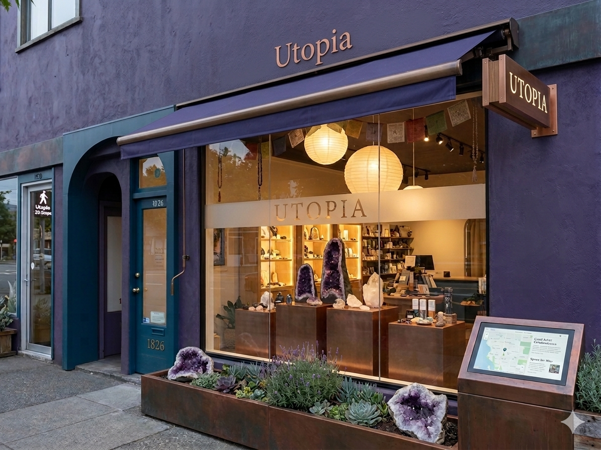 Utopia Store interior — healing crystals and sacred tools at 1826 Lonsdale Ave, North Vancouver